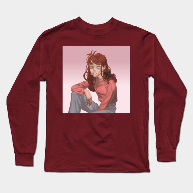 tired girl and her cat Long Sleeve T-Shirt by 	 FatharaniYasmin